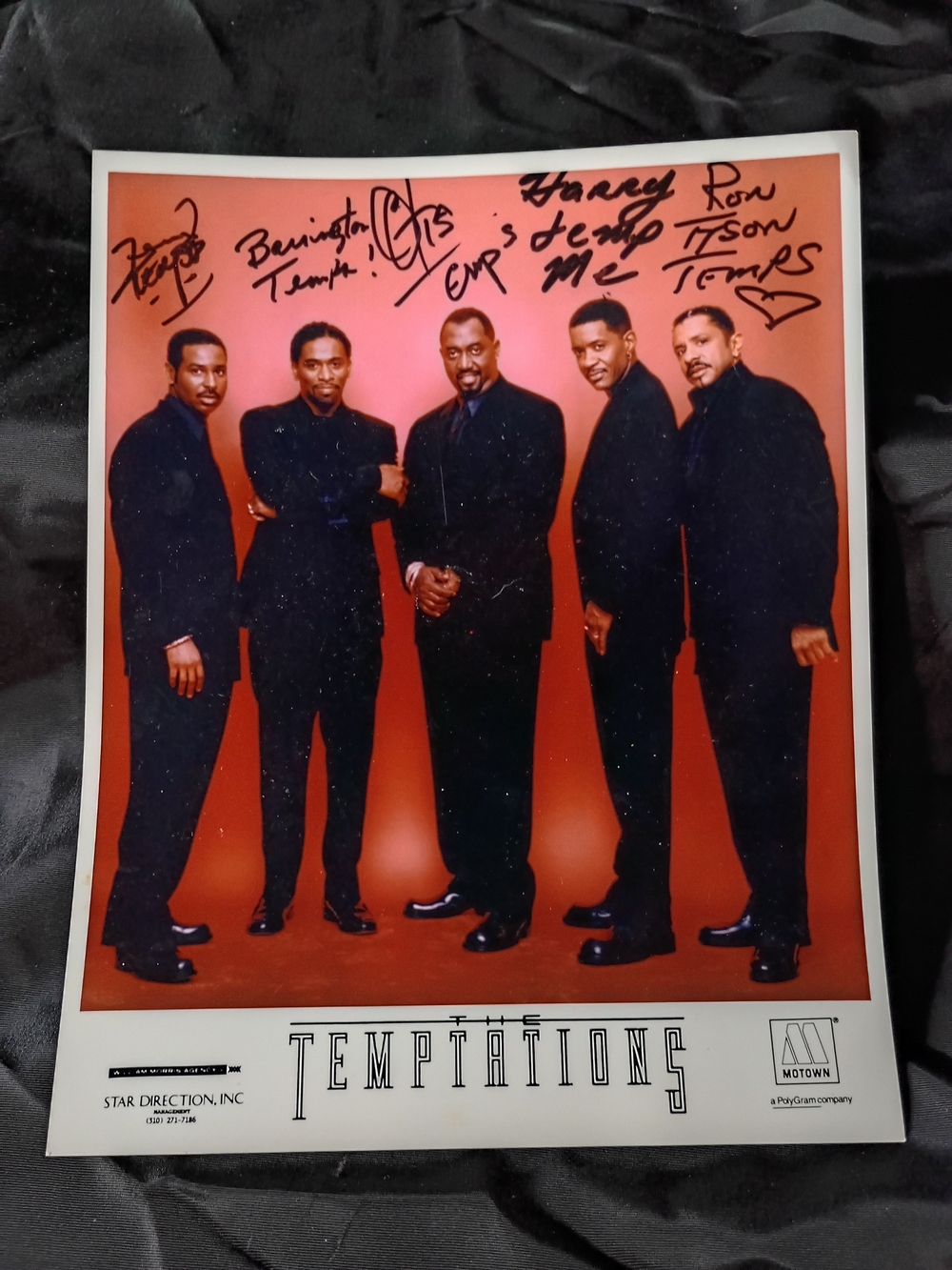 The Temptations Signed Promo Photo - Black Suits on Red Background